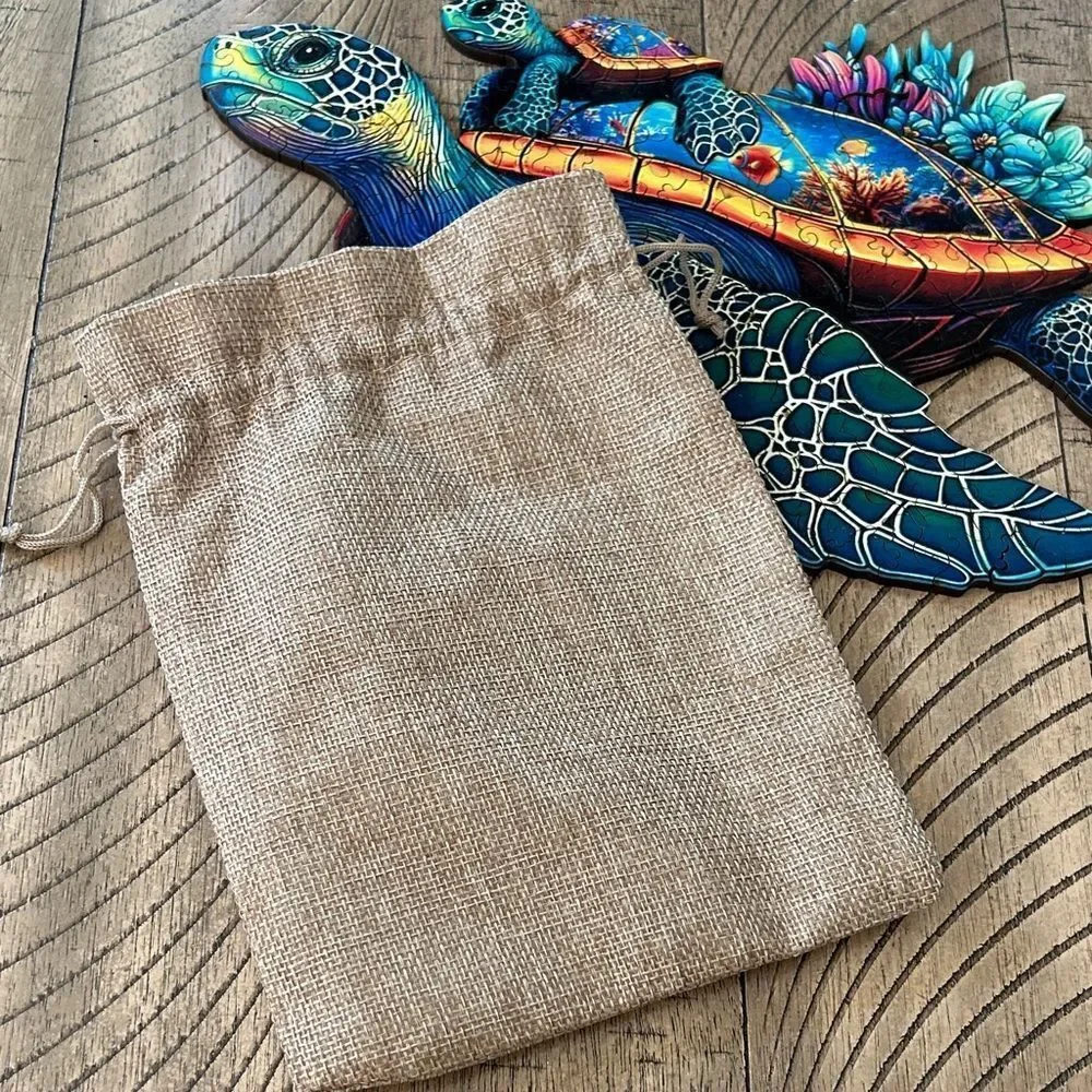 Colorful Sea Turtle Art 🖼️ Puzzle 🧩 wood box & burlap bag